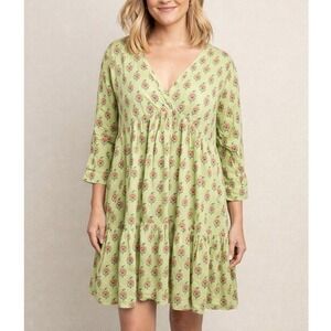Roller Rabbit Green Floral Cotton Babydoll Dress XL Boho Cottagecore